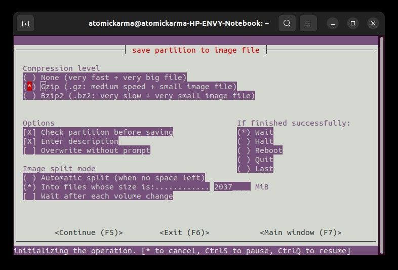Partimage: параметры сжатия и способы разделения образа