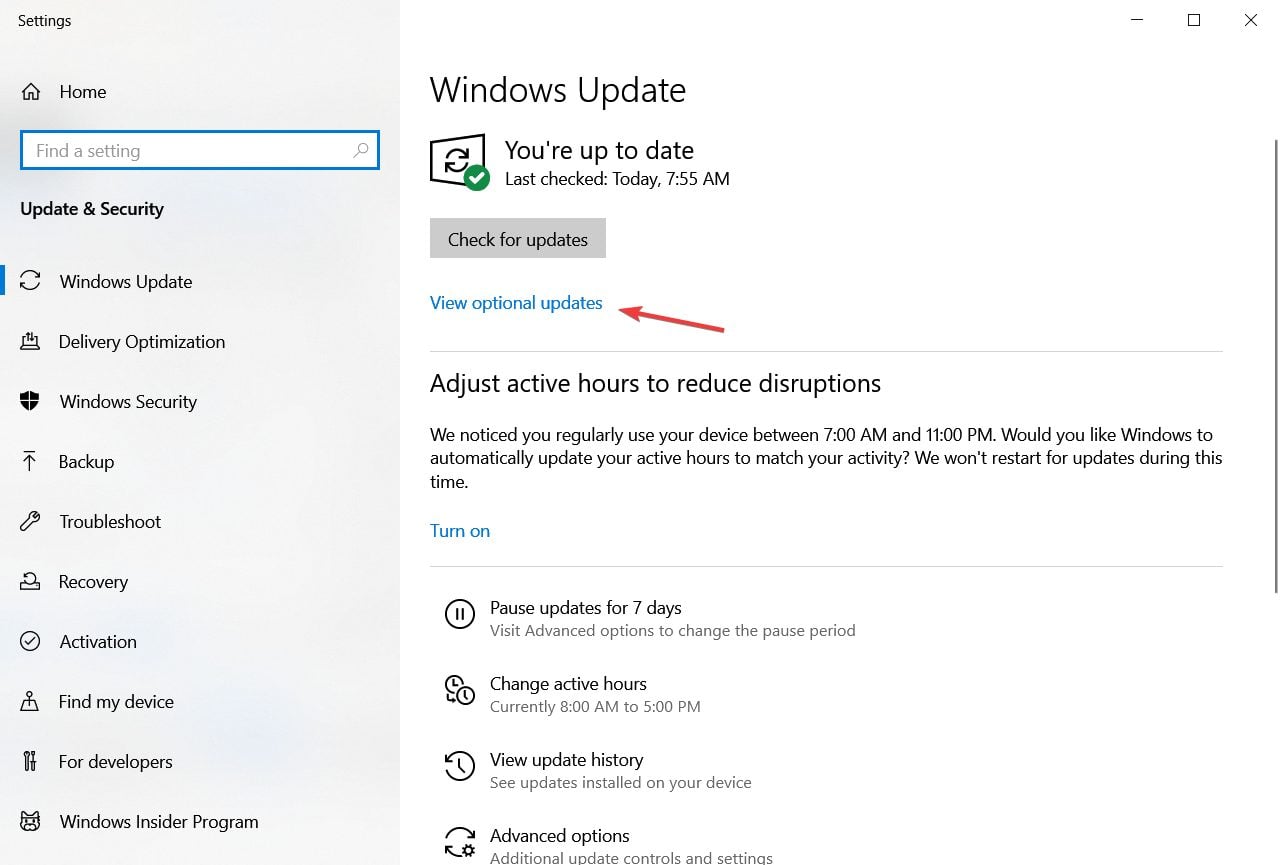 Просмотр необязательных обновлений в Windows