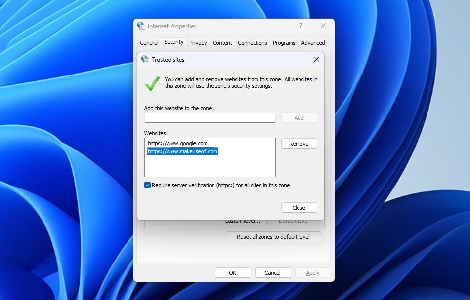 Кнопка удаления сайта из доверенных узлов