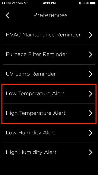 Экран с опциями Low/High Temperature Alert в Ecobee