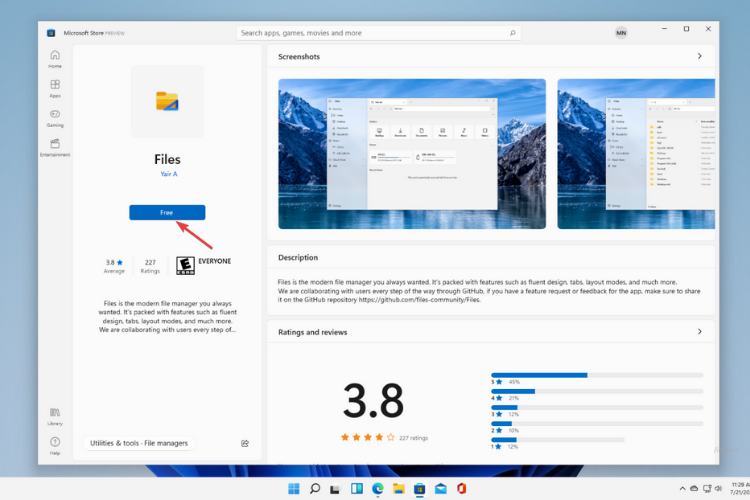 Кнопка Бесплатно в Microsoft Store