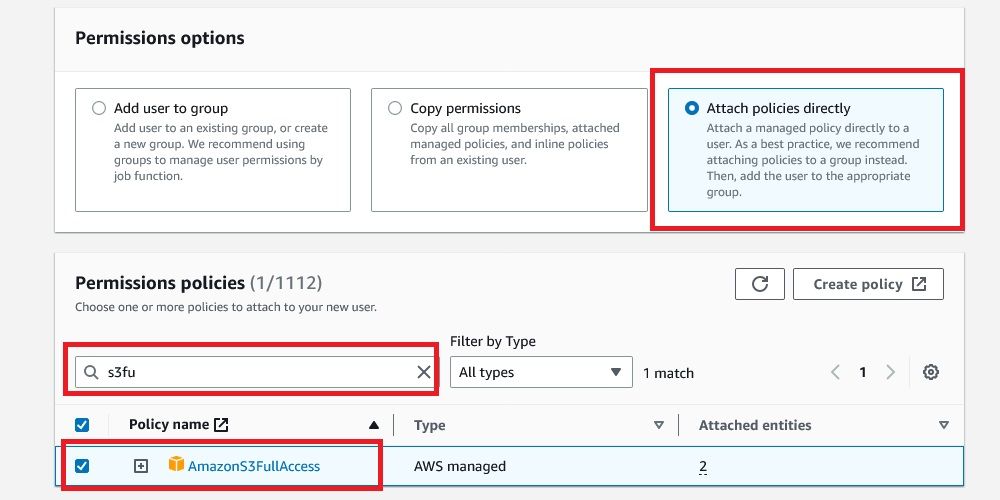 Выбор политики доступа для IAM‑пользователя