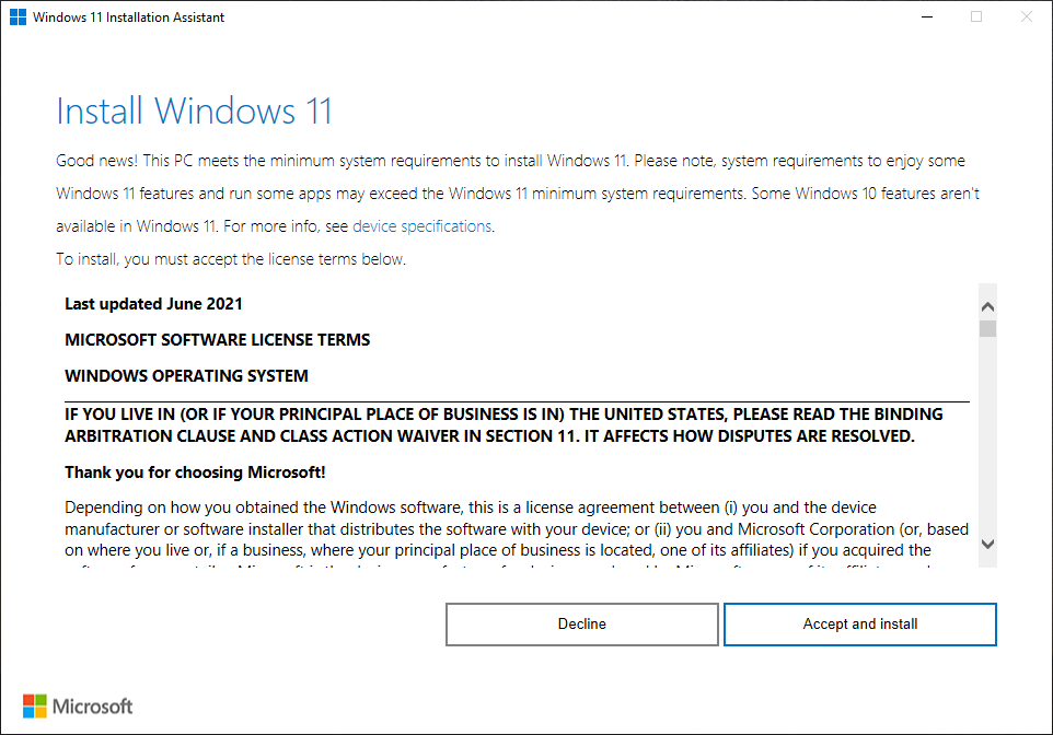 Окно Windows 11 Update Assistant с инструкциями.