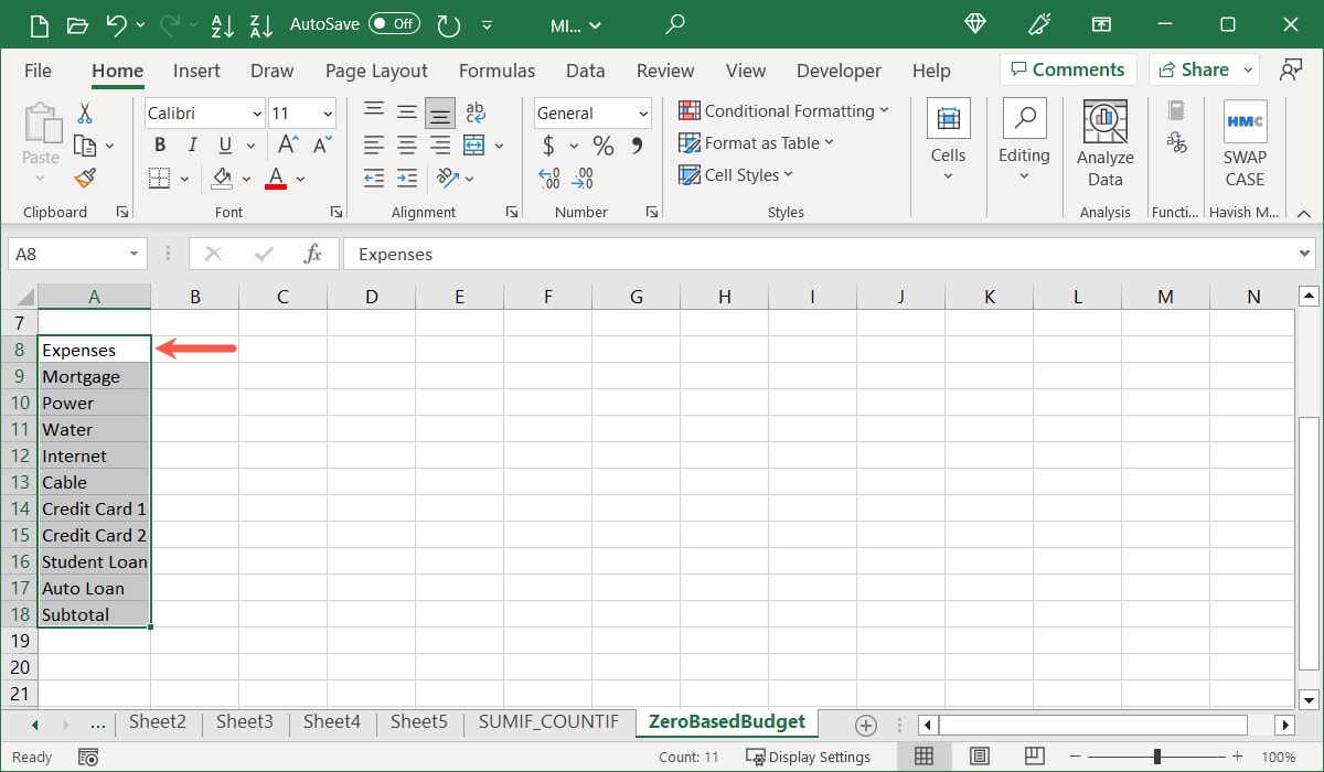Раздел «Расходы» с примерами строк