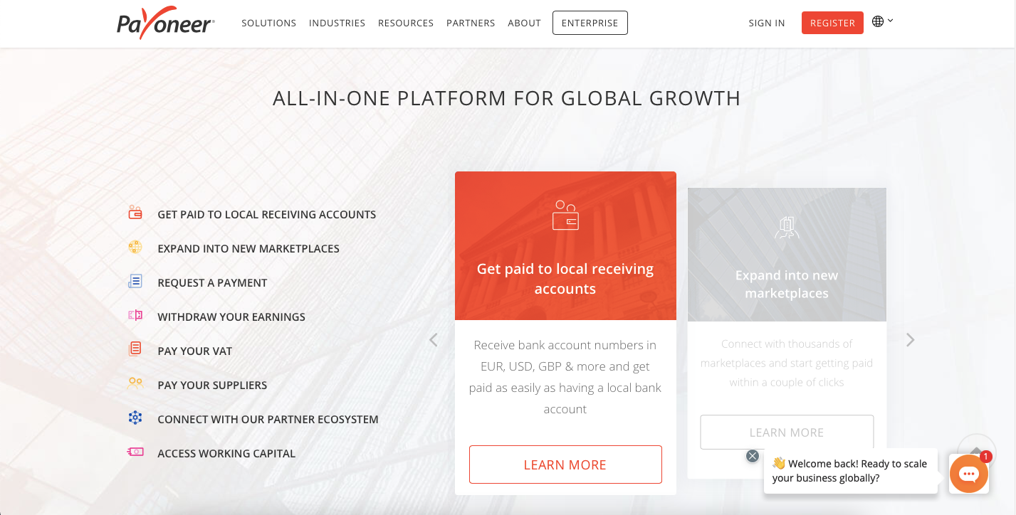 скриншот преимуществ использования Payoneer