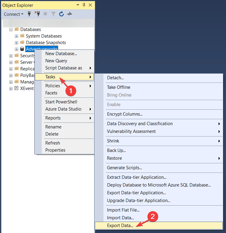 Запуск мастера импорта и экспорта данных