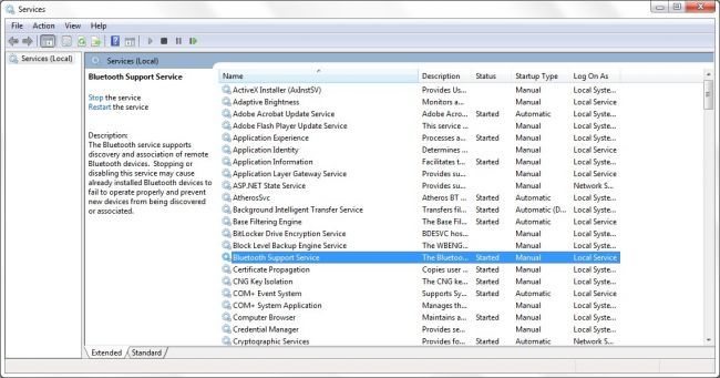 Служба поддержки Bluetooth в списке служб Windows