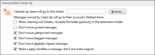 Снимок экрана: опции Conversation Clean Up — архивирование вместо удаления