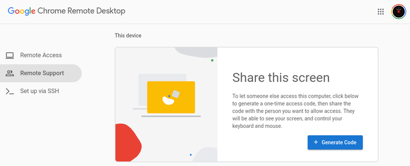 Окно генерации кода в Chrome Remote Desktop на Chromebook