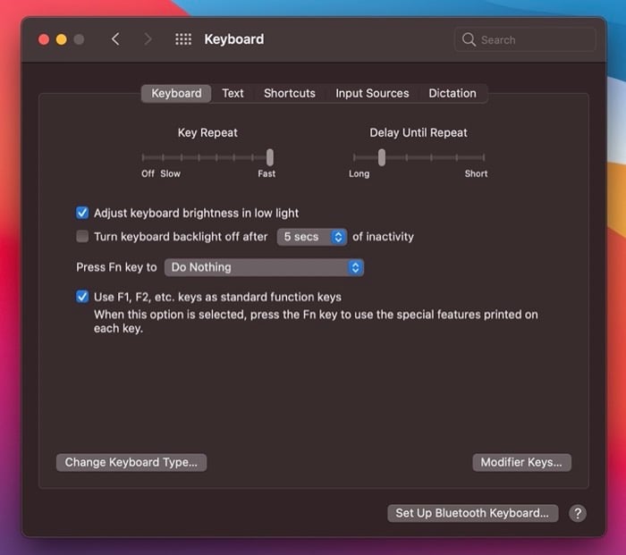 Изменение поведения функциональных клавиш в настройках macOS