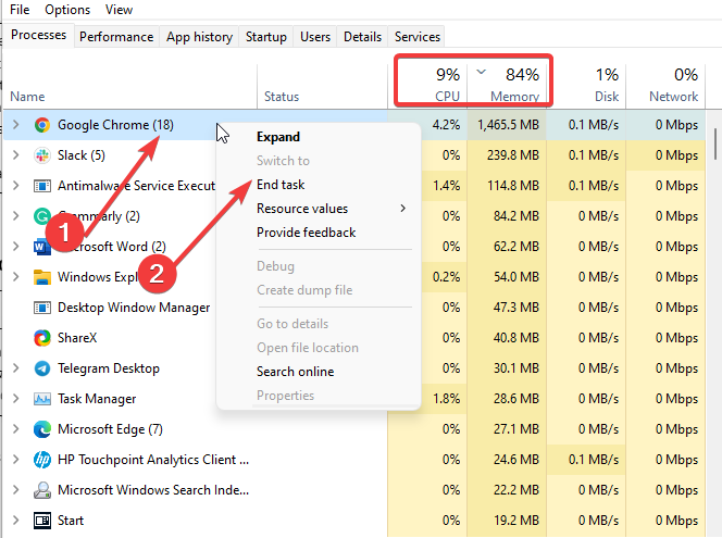 Диспетчер задач: список процессов и использование CPU/памяти
