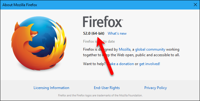 Окно «О Firefox» с указанием 64‑битной версии