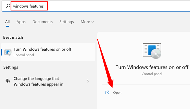 Поиск 'windows features' в меню Пуск для открытия компонентов Windows.