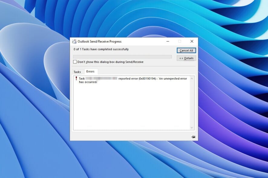 Исправление ошибки Outlook 0x80190194