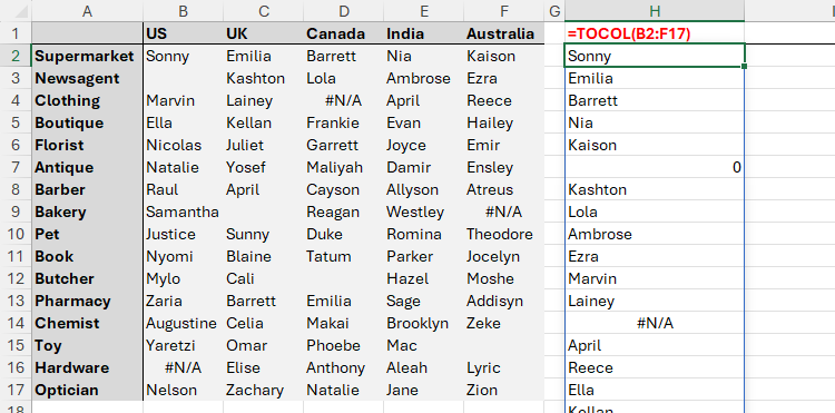 Диапазон менеджеров извлекается в один столбец функцией TOCOL.
