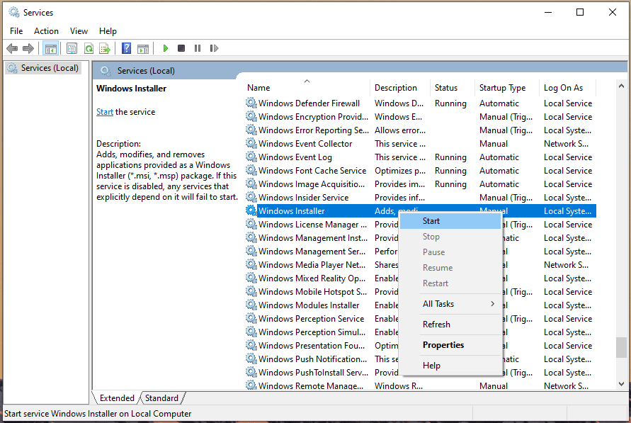 Iniciar el servicio Instalador de Windows