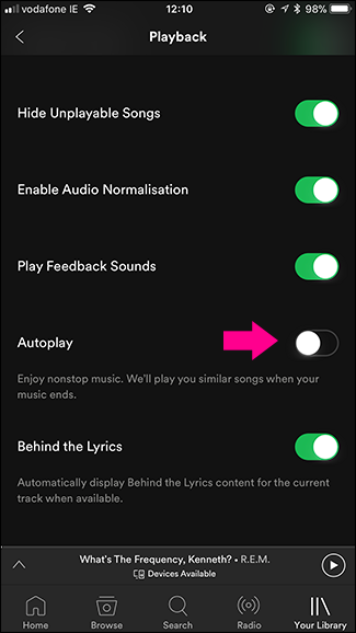 Переключатель Автовоспроизведения в мобильном приложении Spotify