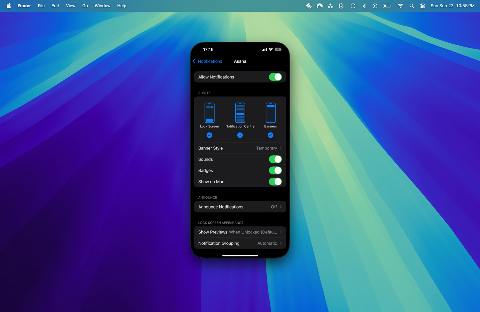 Asana notifications options in iPhone Mirroring
