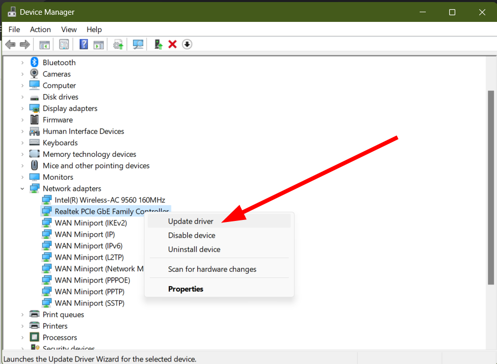 Опция обновления драйвера