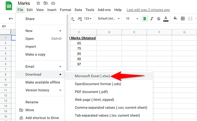 Выберите File > Download > Microsoft Excel в меню Google Sheets.