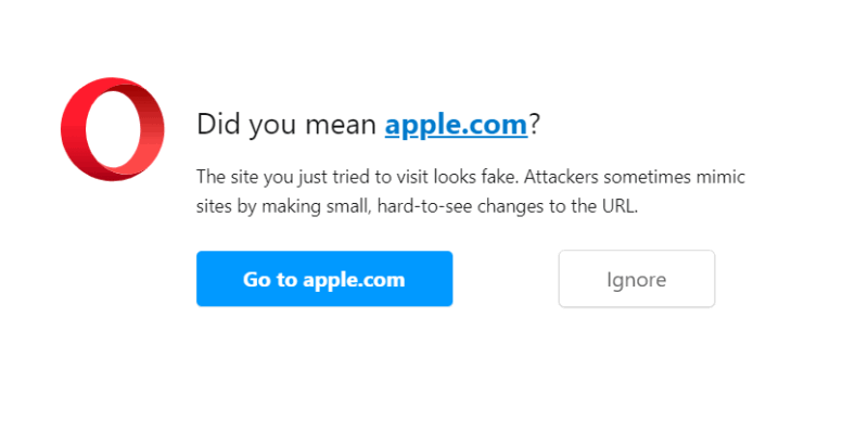 Предупреждение браузера Opera о гомографической атаке