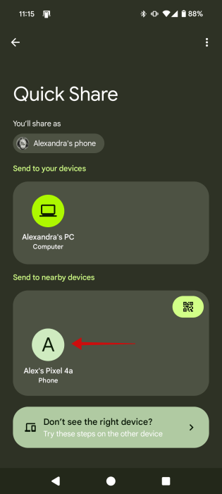 Selecting a nearby device to Quick Share to.