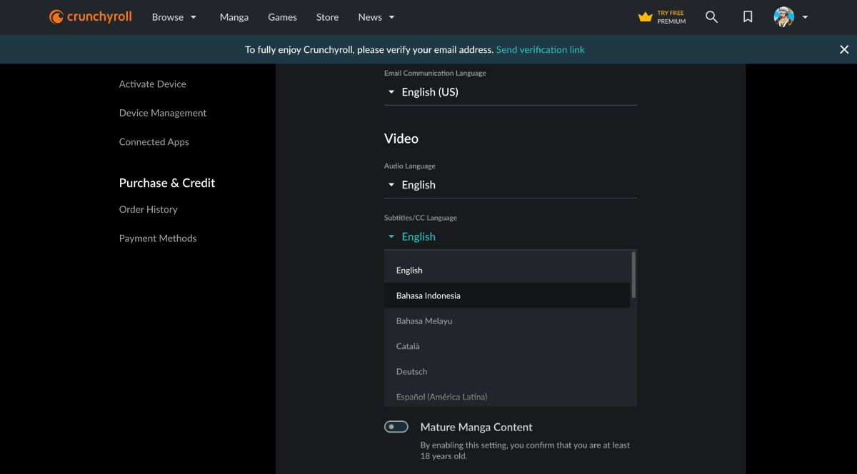 Выбор языка субтитров в видео