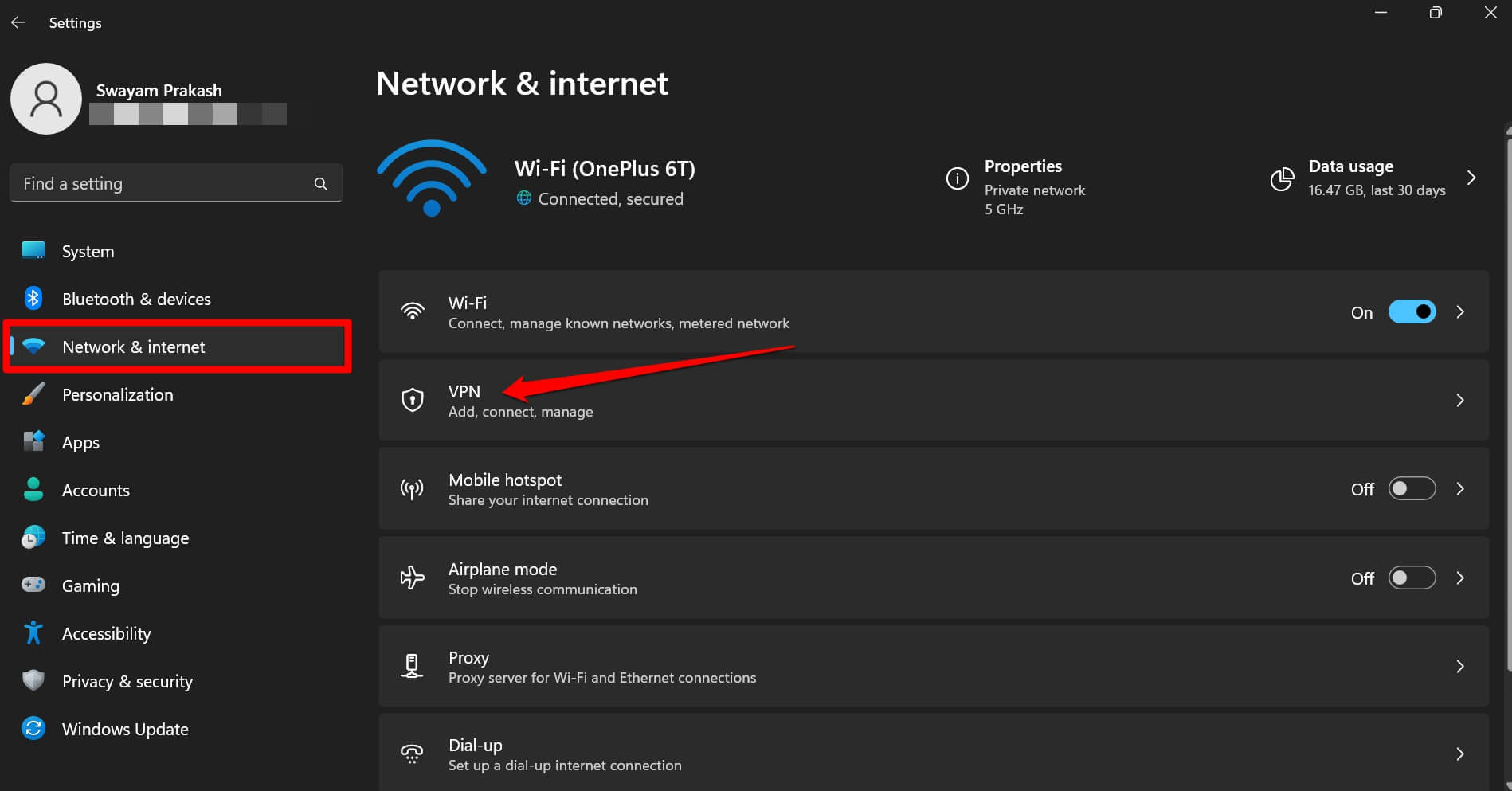 Windows 11 네트워크 및 인터넷의 VPN 설정 화면