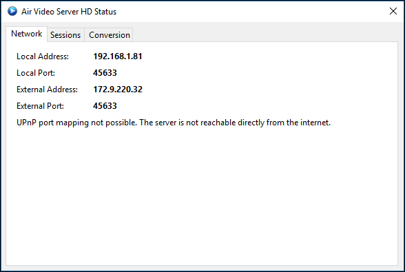 Вкладки статуса сервера: Сеть, Сессии, Конвертация