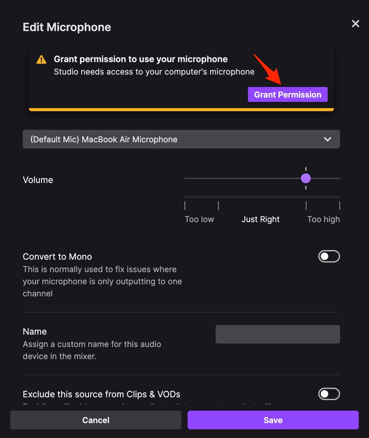 Разрешение доступа к микрофону для Twitch