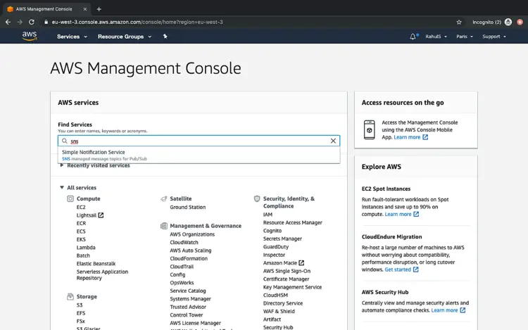 Поиск сервиса SNS в консоли