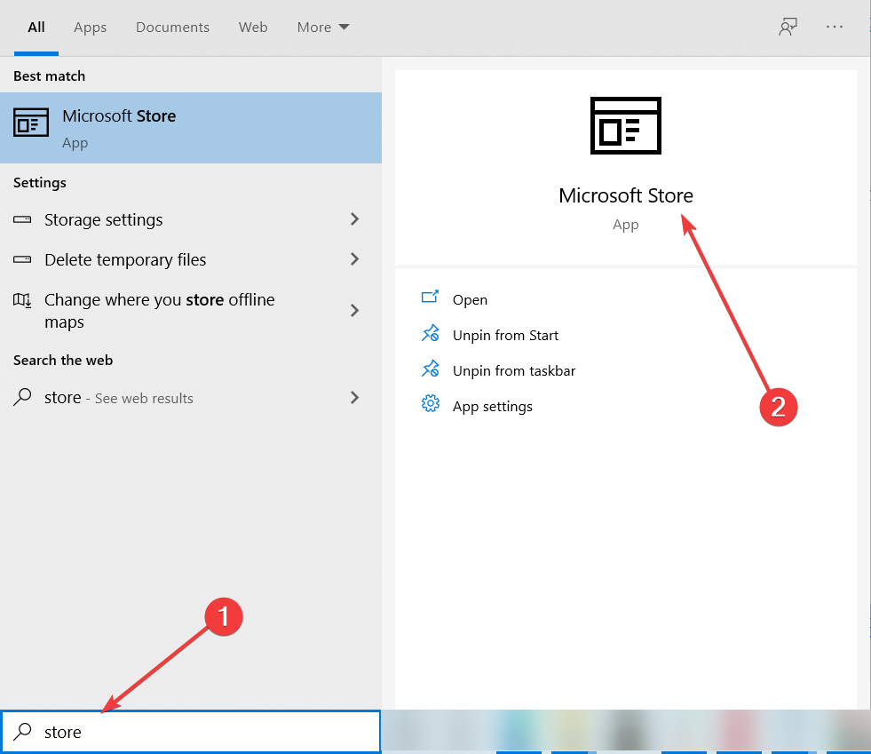 Окно поиска Microsoft Store