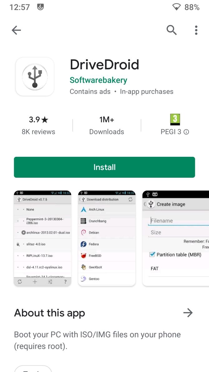 Страница установки DriveDroid