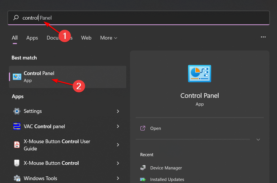 Ricerca Pannello di controllo in Windows