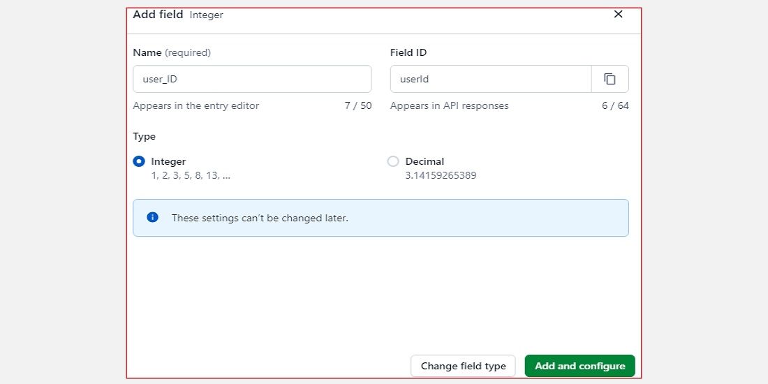 Страница настроек поля модели контента