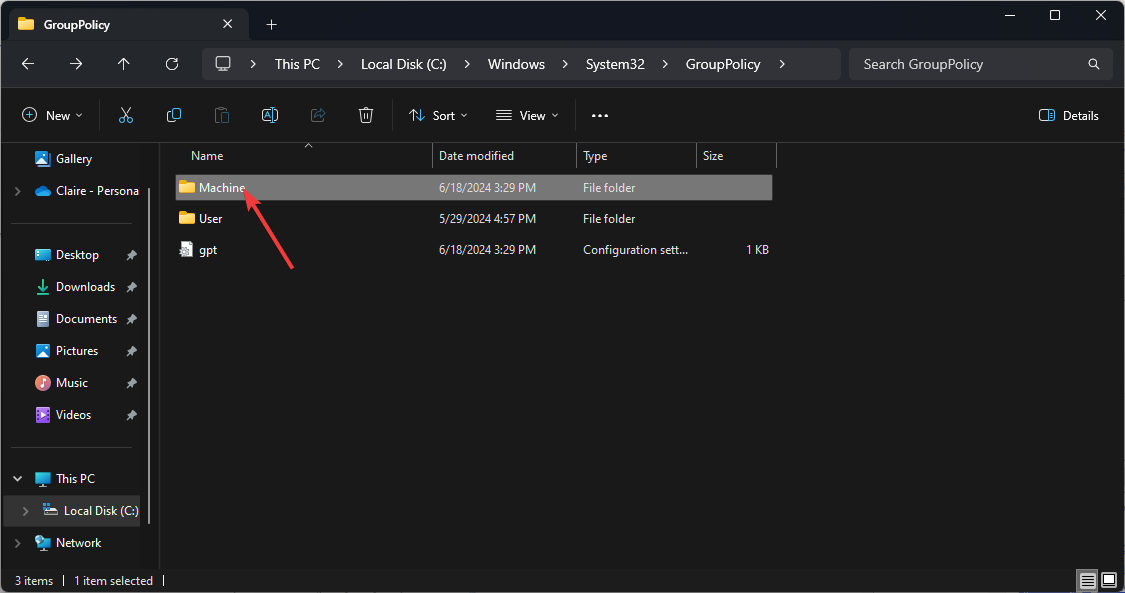 Перемещение папки Machine в безопасное место на рабочем столе