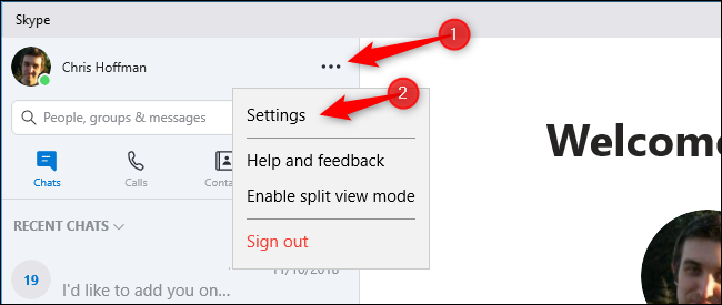 Открытие настроек Skype через меню '...'.
