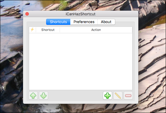 Окно списка ярлыков iCanHazShortcut с пустым списком