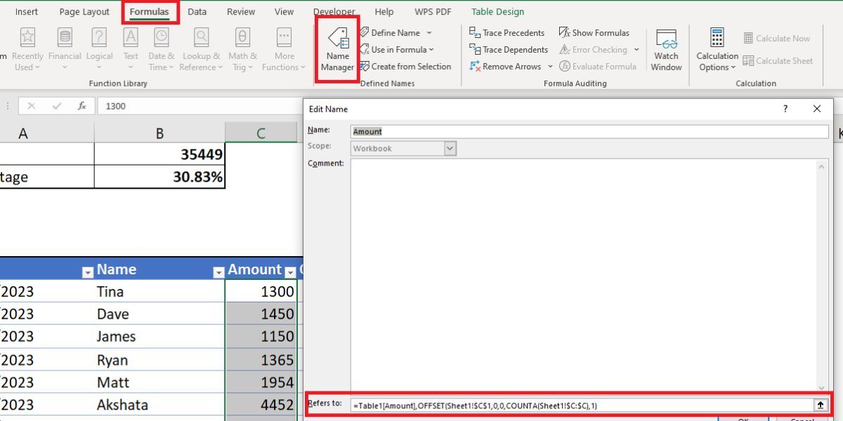 Окно Диспетчера имен в Excel с формулой OFFSET для динамического диапазона