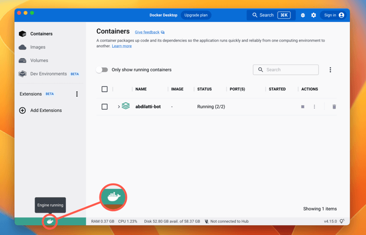 Всплывающее окно Docker Engine, запущено