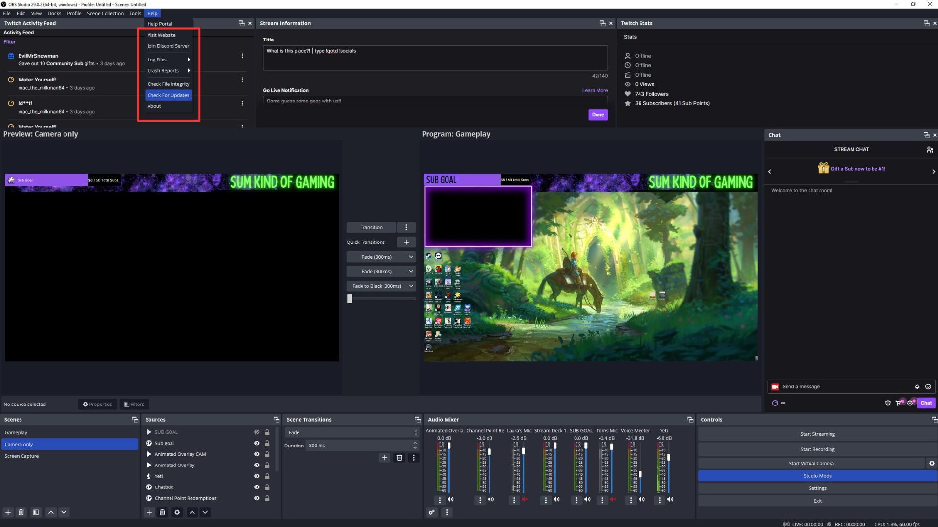 Меню Help с пунктом Check for Updates в OBS