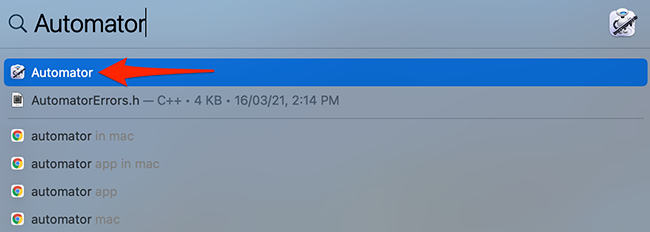 Поиск Automator через Spotlight