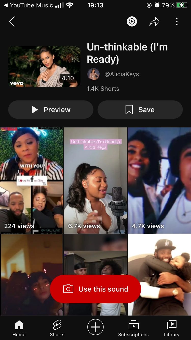 Страница YouTube с примерами Shorts, использующими трек Alicia Keys