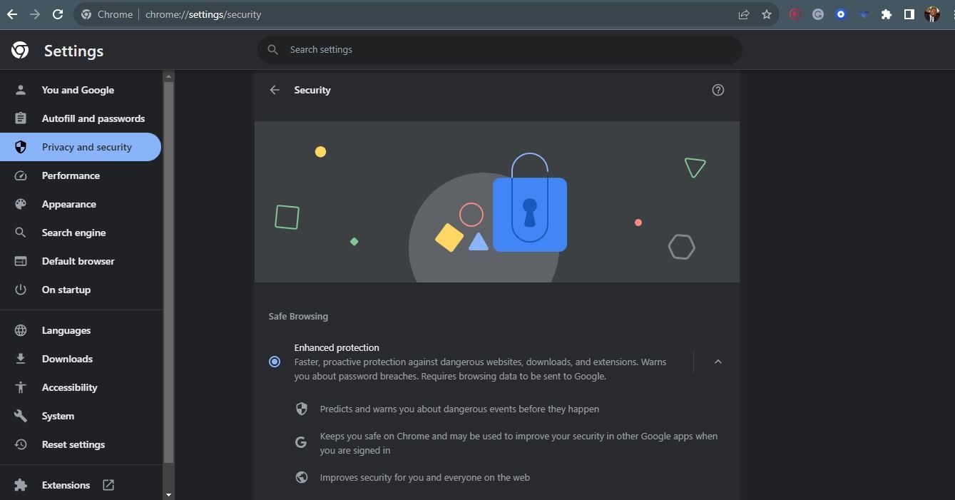 Скриншот страницы безопасности Chrome