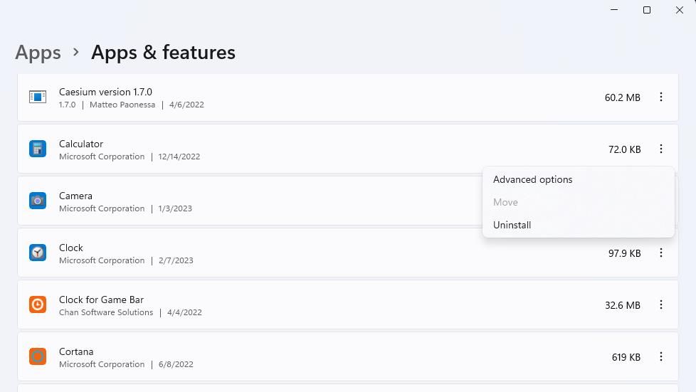 Раздел приложения и возможности в Параметрах