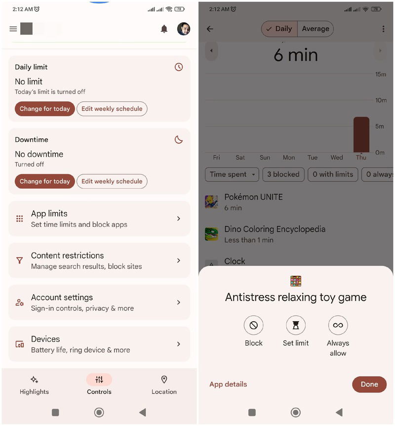 Интерфейс Family Link с меню ограничений приложений