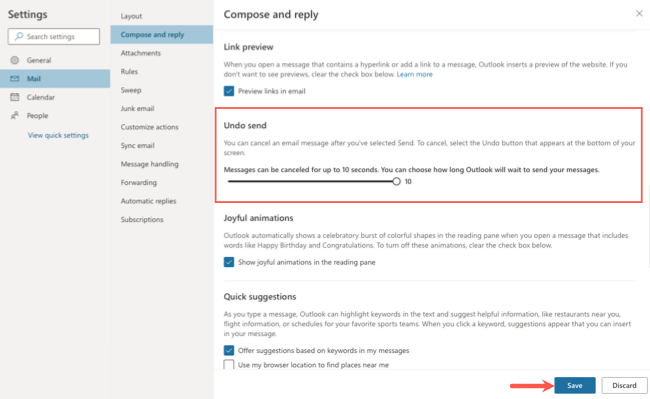 Настройки Undo Send с выбором временного интервала