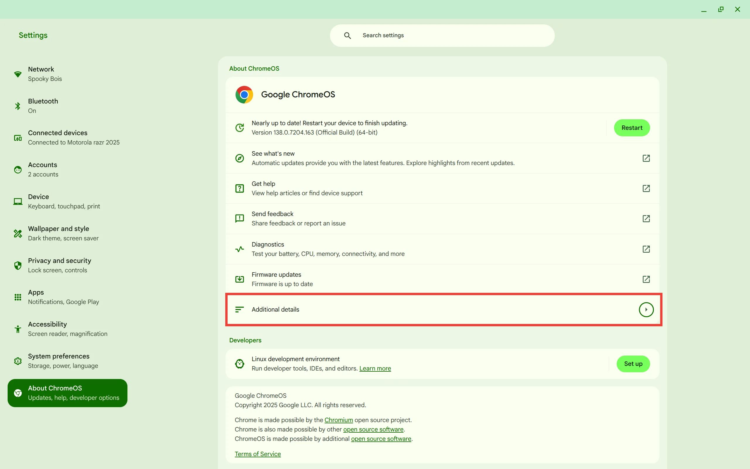 The 'About ChromeOS' section of the Chromebook Settings app 'Additional details'