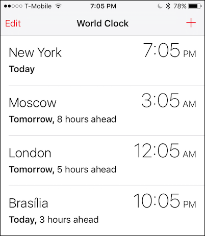Список добавленных городов в мировых часах на iPhone