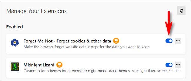 В Firefox переведите переключатель, чтобы отключить расширение.